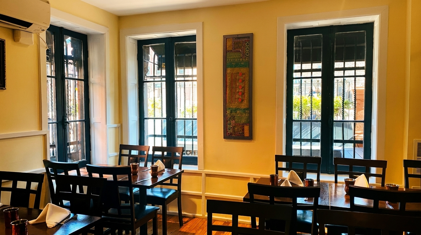 Cozy dining room with yellow walls, dark wooden tables and chairs, and large windows with natural light.