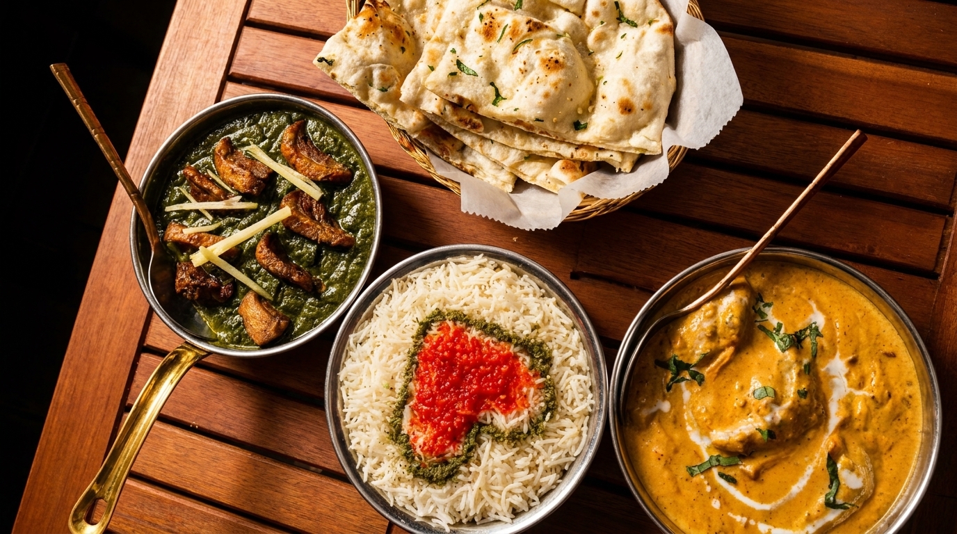 Three bowls of Indian food, including palak paneer, rice with a heart, and butter chicken, with naan.