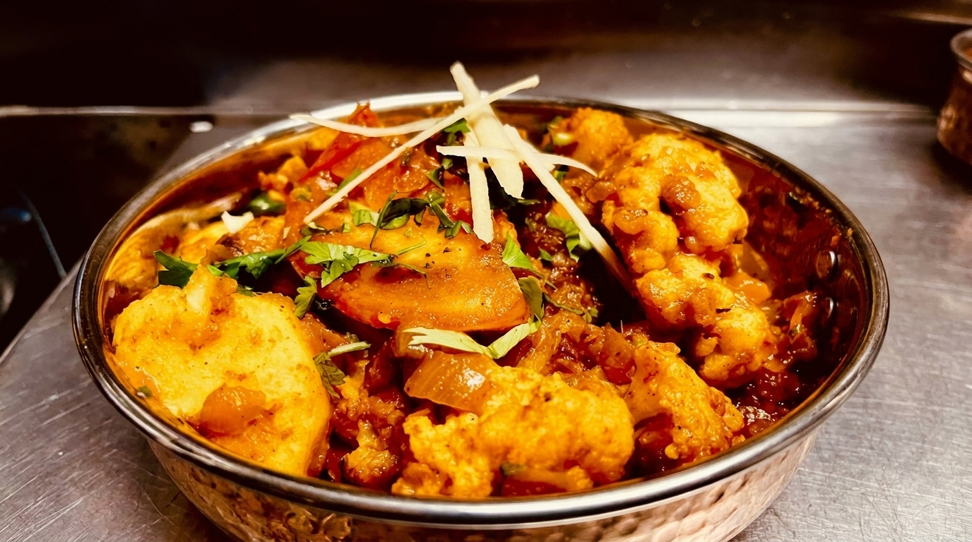 Close-up of a copper bowl filled with Indian curry, garnished with cilantro and ginger.