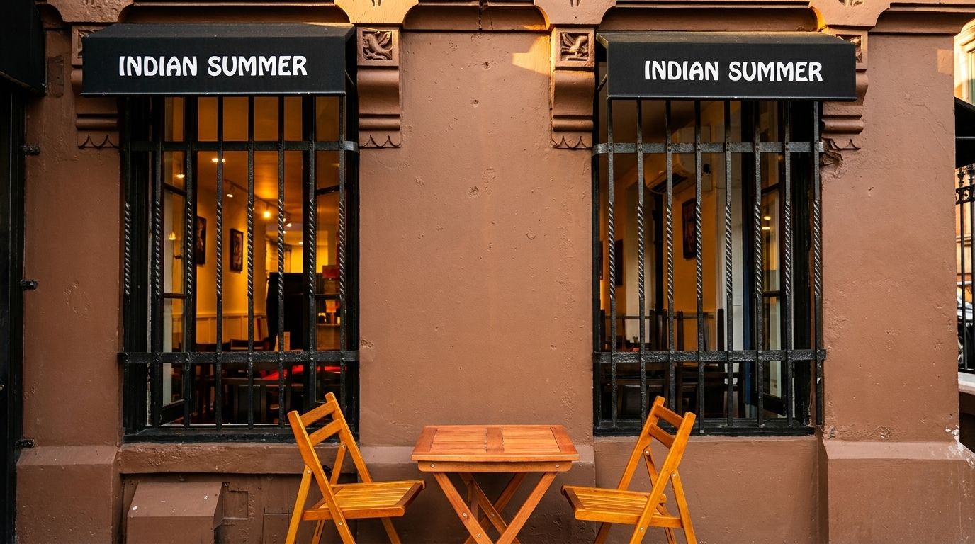 Exterior of Indian Summer restaurant with two windows, black awnings, and a small wooden table with chairs.