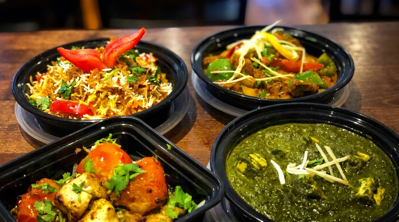 Four black bowls of Indian food, including biryani, curry, palak paneer, and chicken tikka.