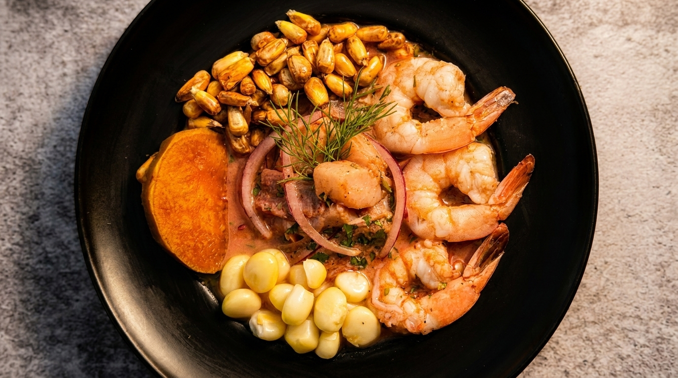 Mixed ceviche with shrimp, scallops, sweet potato and Peruvian corn at Harlemite