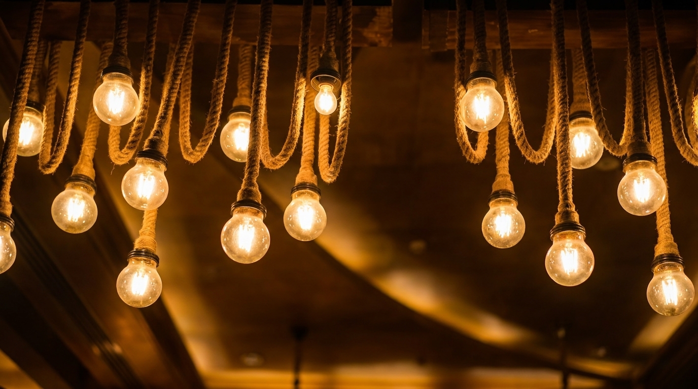Warm Edison-style light bulbs hang from thick ropes, illuminating a dark, cozy space.