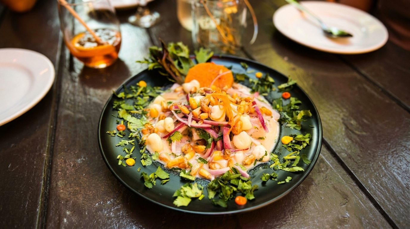 Fresh Peruvian ceviche with corn, red onion, and cilantro served at Harlemite in Harlem NYC