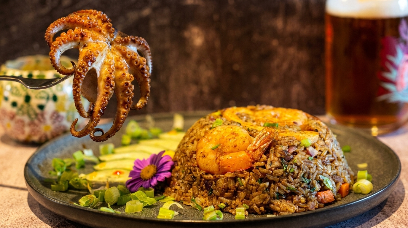 Grilled octopus on a fork above shrimp fried rice, garnished with scallions and a purple flower.