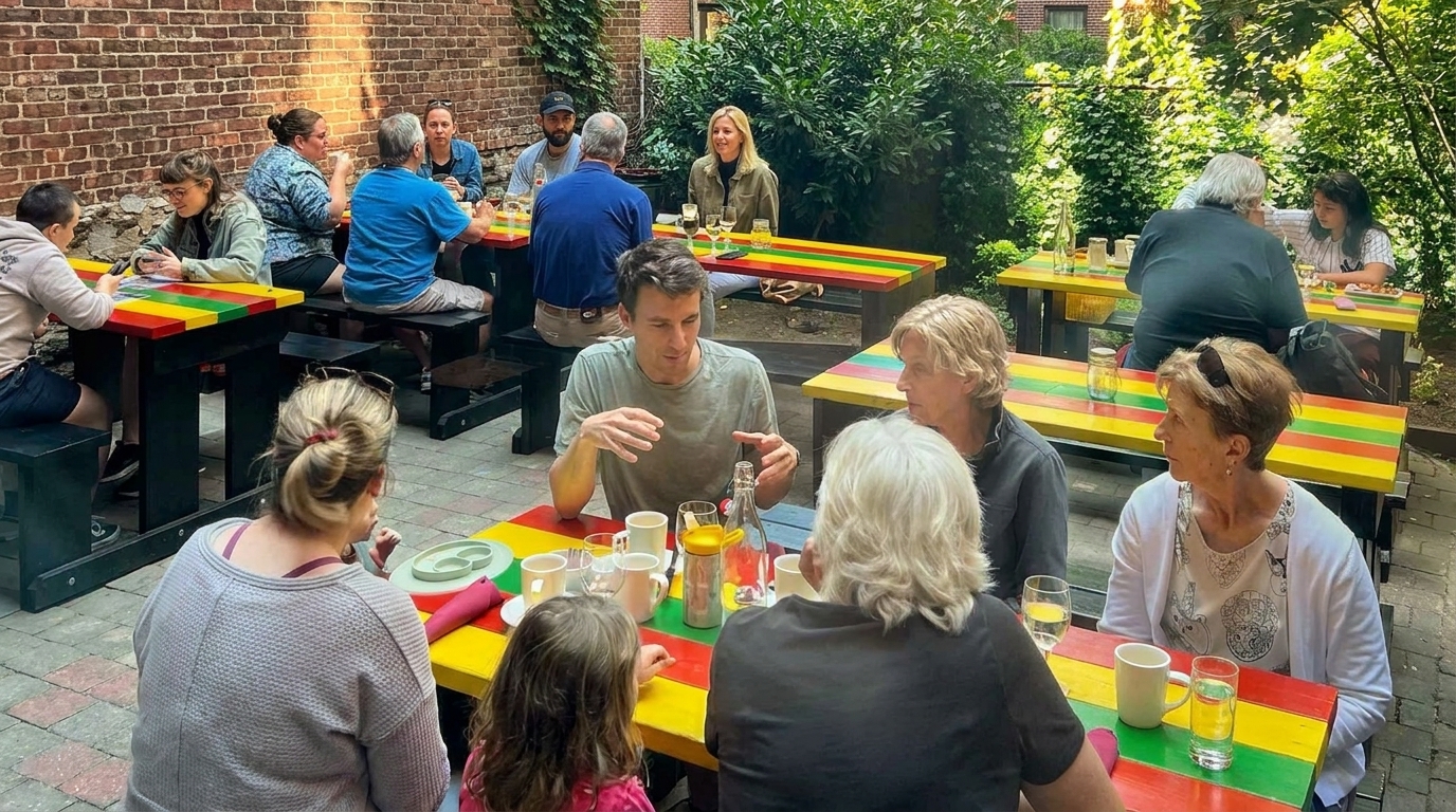 Patrons enjoying a meal at colorful picnic tables in a sunny outdoor restaurant patio.