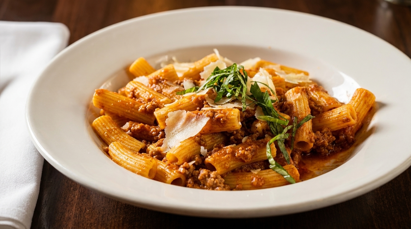 Rigatoni pasta with meat sauce, shaved parmesan, and fresh basil in a white bowl.