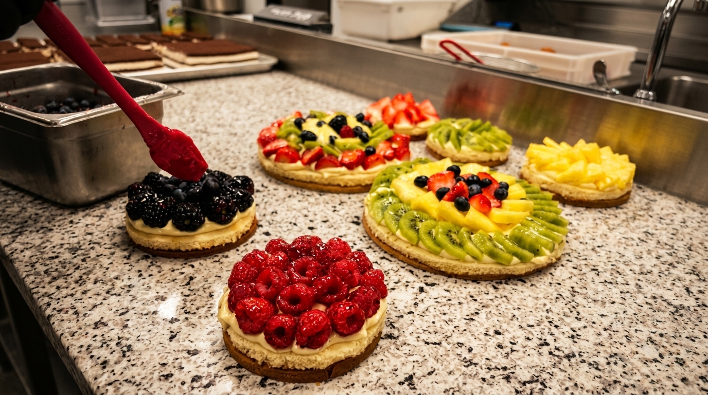 A chef garnishes a fruit tart with blueberries and blackberries on a granite countertop.