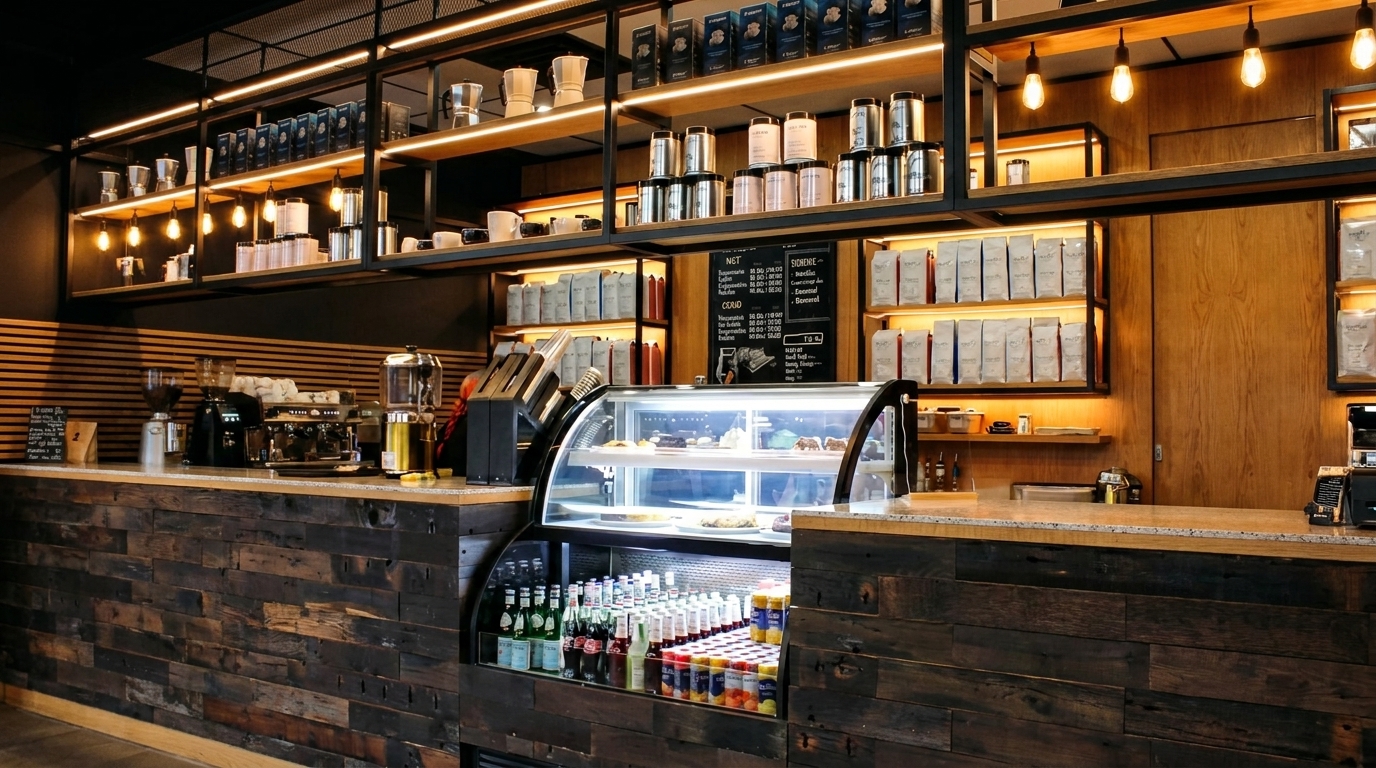 A coffee shop interior with a wooden counter, display case, and shelves filled with coffee products.