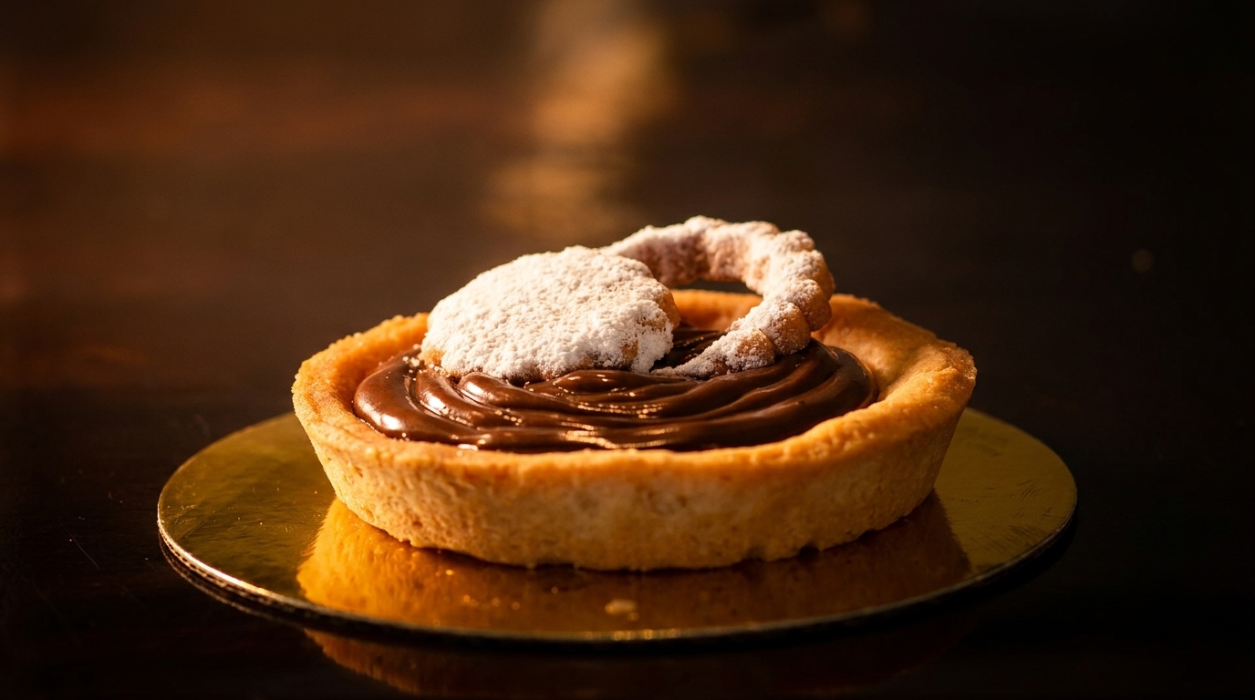 A chocolate tart with a powdered sugar cookie on top, on a golden plate.