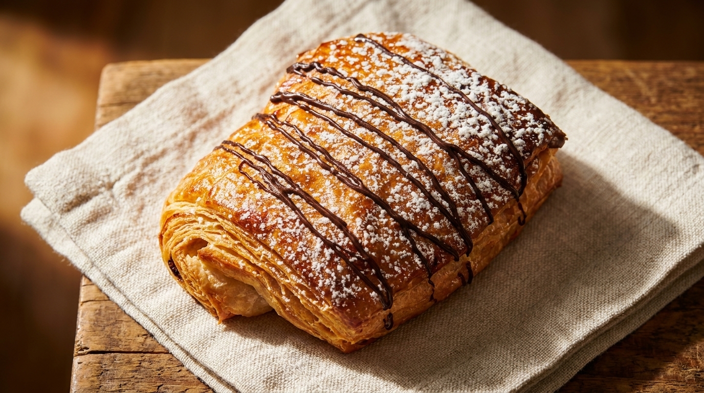 Golden-brown chocolate croissant with powdered sugar and chocolate drizzle on a linen napkin.