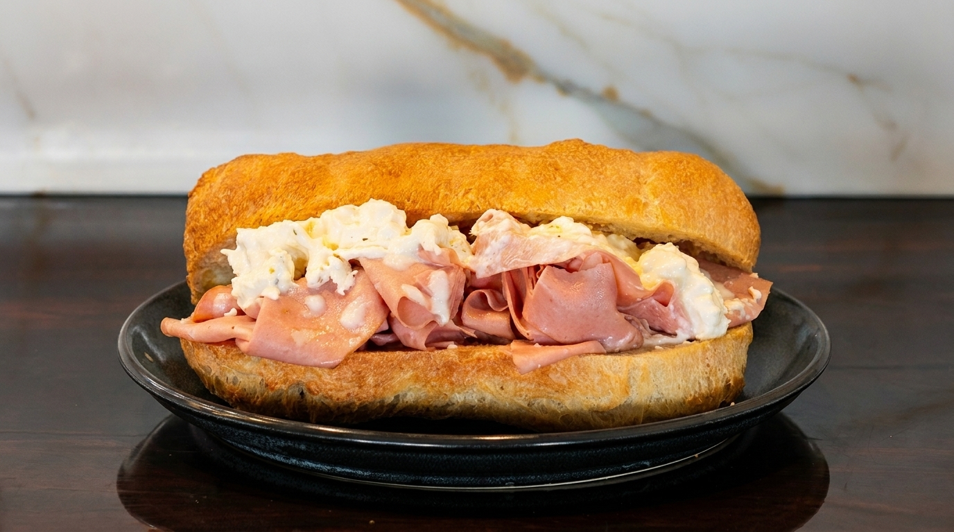 A large sandwich filled with mortadella and burrata cheese on a dark plate.