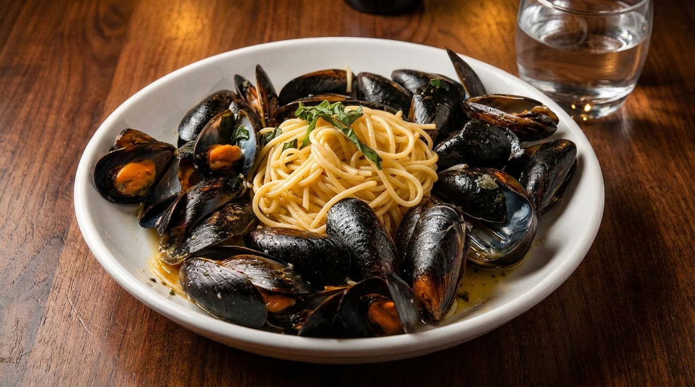 A white bowl of mussels and spaghetti with herbs on a wooden table next to a glass of water.