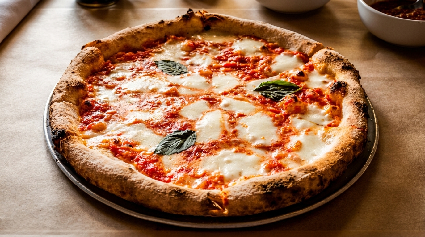A whole Neapolitan pizza with melted mozzarella, tomato sauce, and fresh basil on a metal tray.