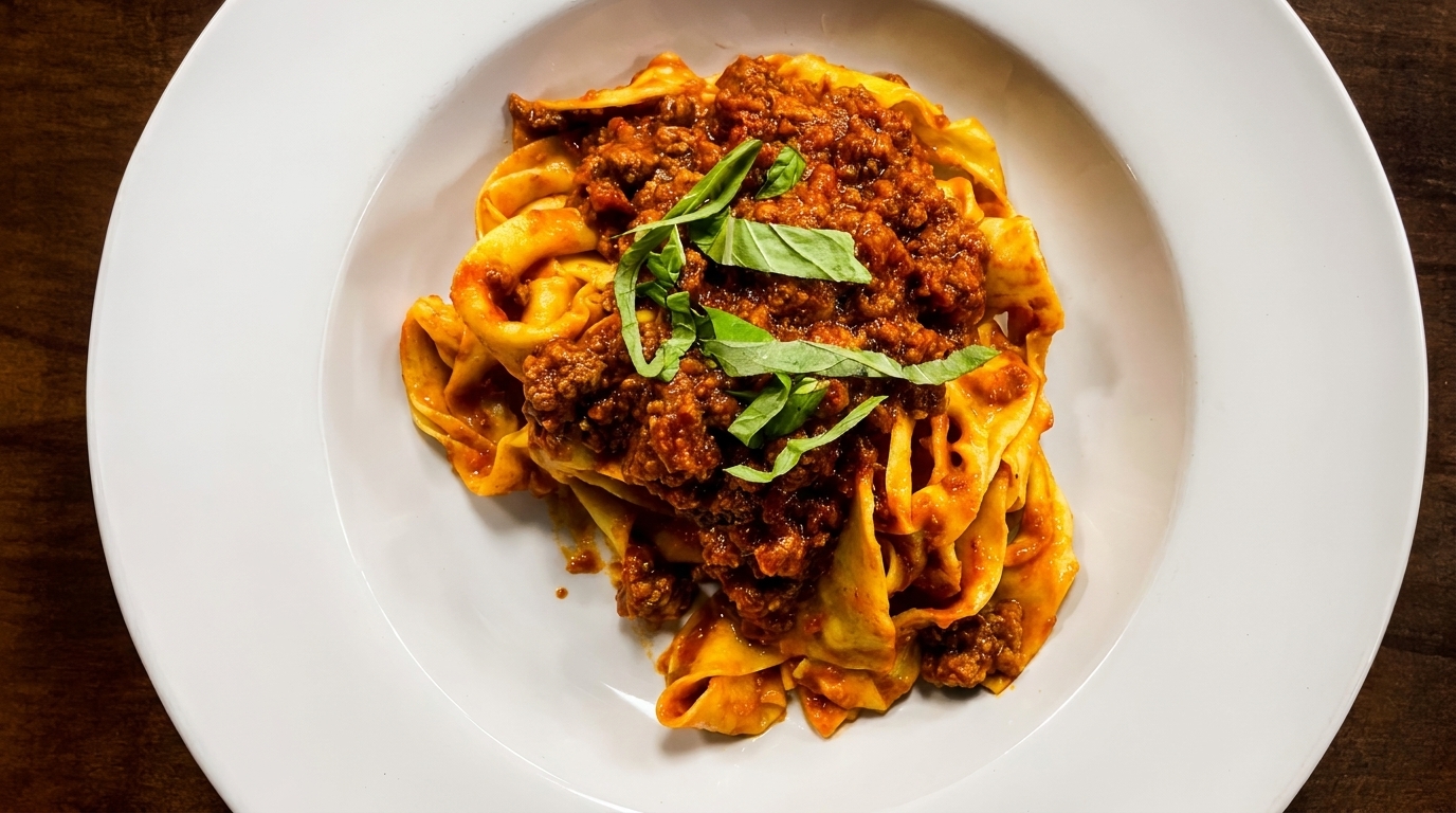 Pappardelle pasta with rich bolognese sauce and fresh basil on a white plate.