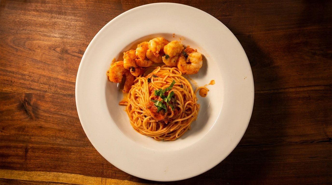 Spaghetti with tomato sauce and basil, served with grilled shrimp on a white plate.