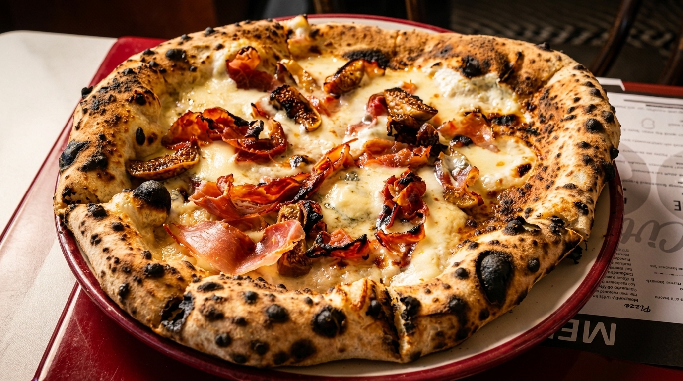 Neapolitan pizza with prosciutto, figs, and melted cheese on a red plate.