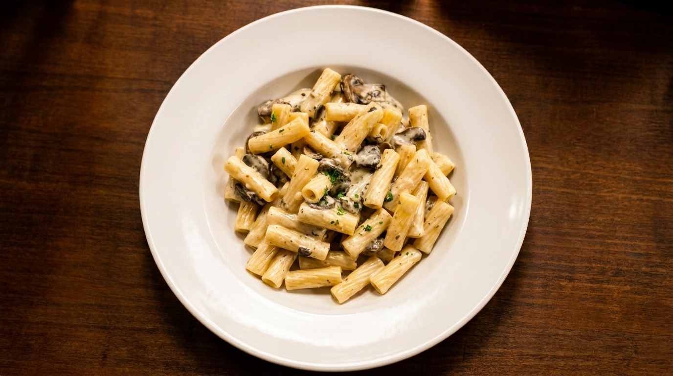 Rigatoni pasta with creamy mushroom sauce and fresh herbs in a white bowl on a wooden table.