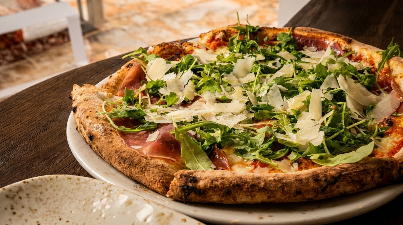Close-up of a pizza with prosciutto, arugula, and shaved Parmesan on a white plate.