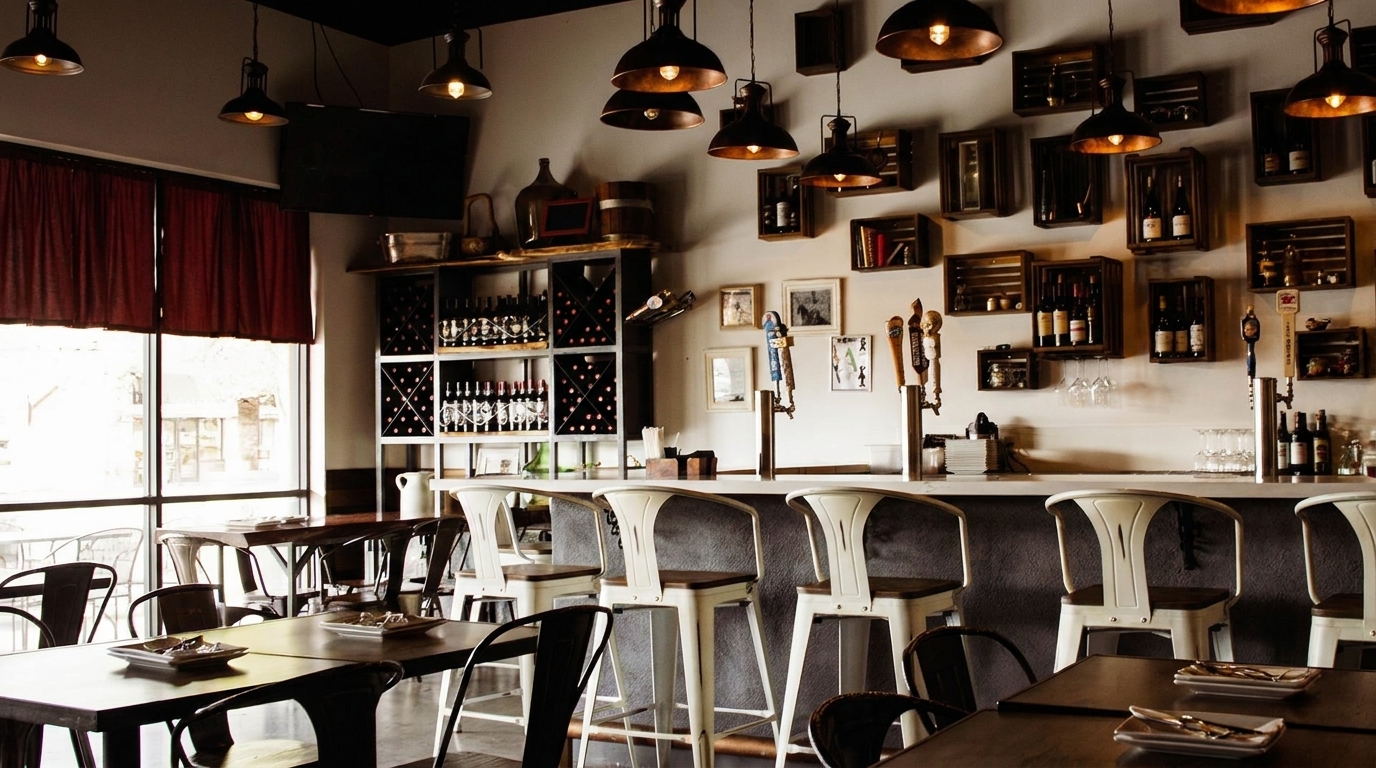 A restaurant interior with a bar, high stools, dining tables, and wine racks.