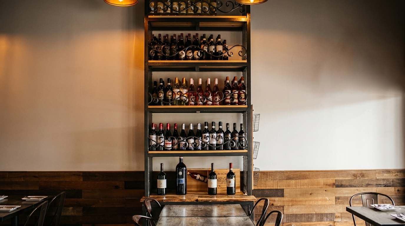 Tall metal wine rack filled with various bottles of red and white wine in a restaurant.