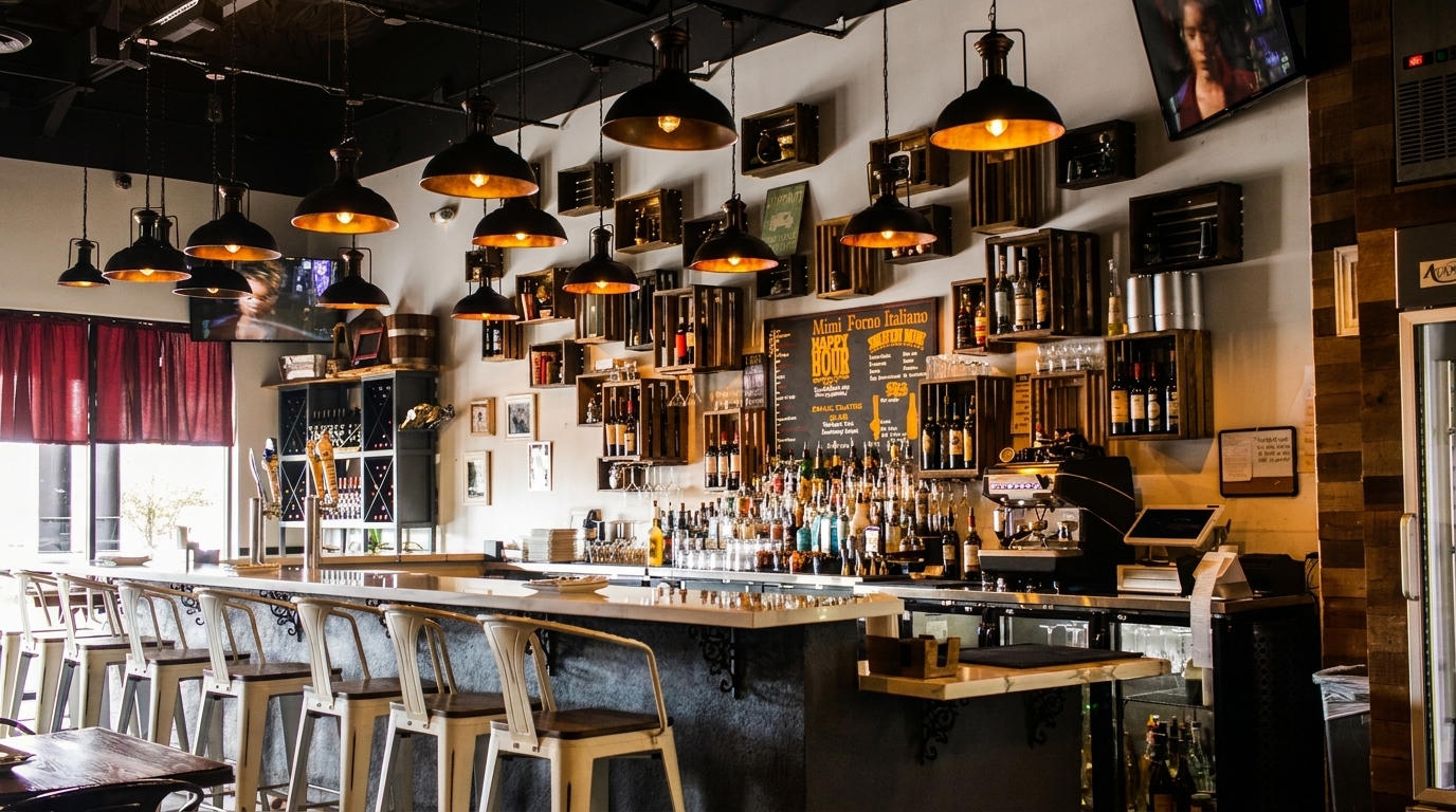 A well-lit bar area with stools, bottles, and a chalkboard menu at Mimi Forno Italiano.