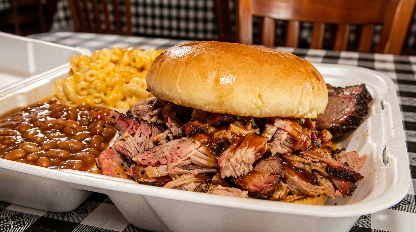 Brisket sandwich with baked beans, mac and cheese, and a slice of brisket in a styrofoam container.