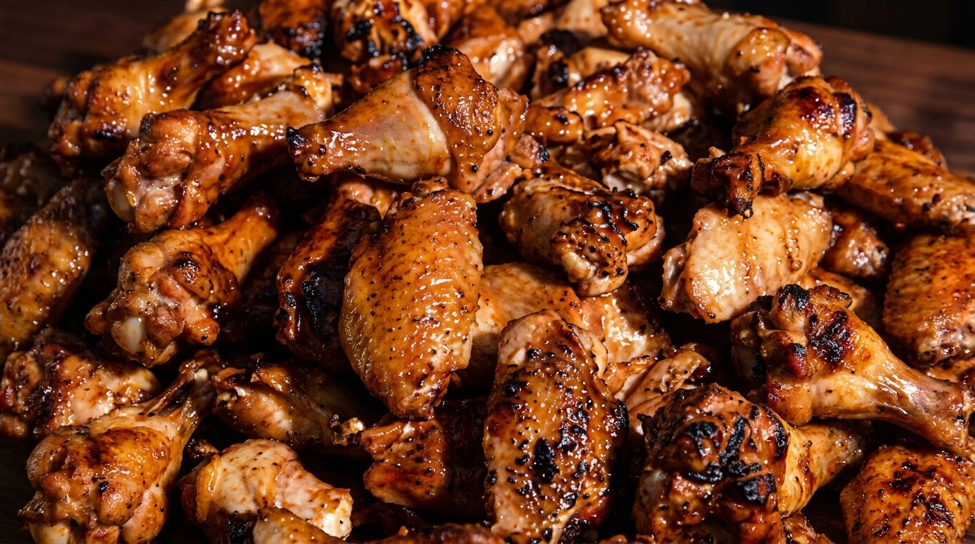 Close-up of a large pile of glistening, grilled chicken wings with crispy skin.