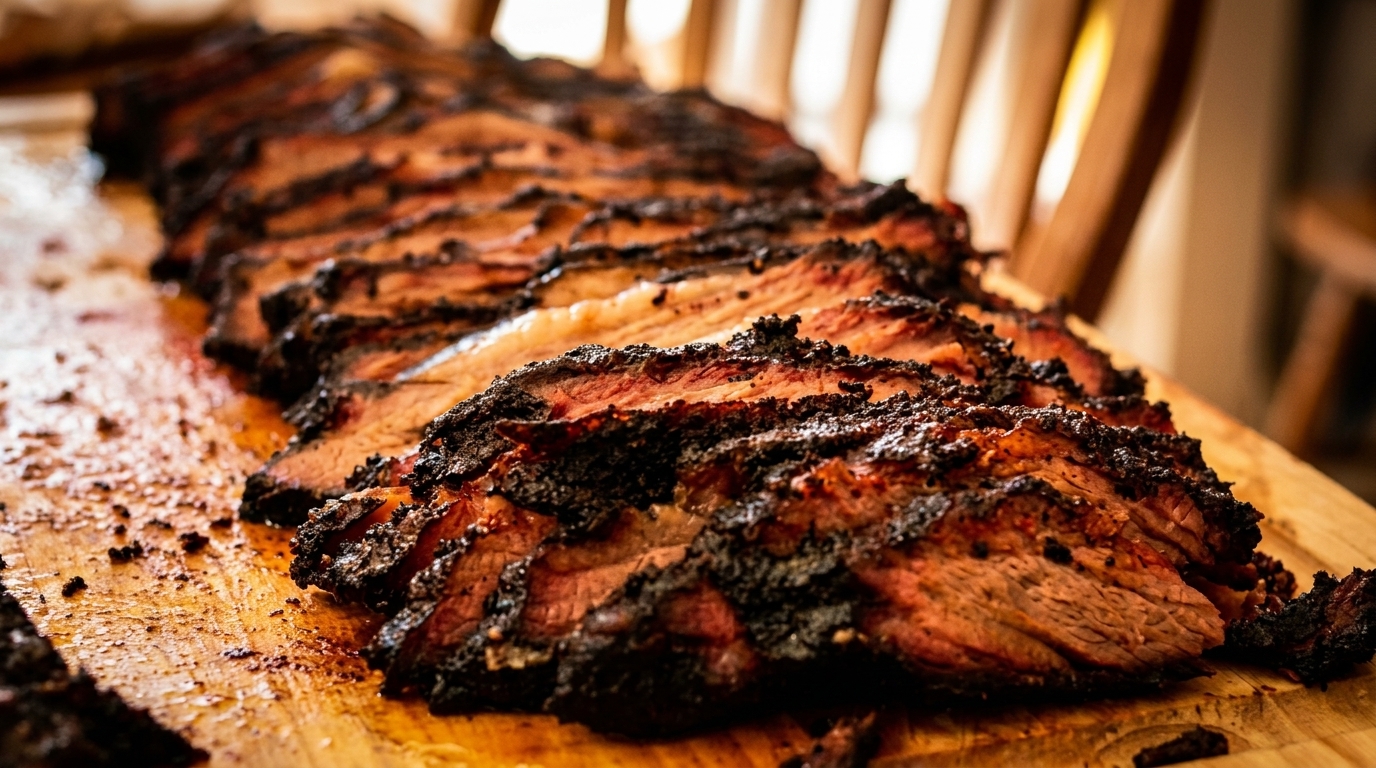 Close-up of sliced smoked brisket with a dark, crispy bark on a wooden cutting board.