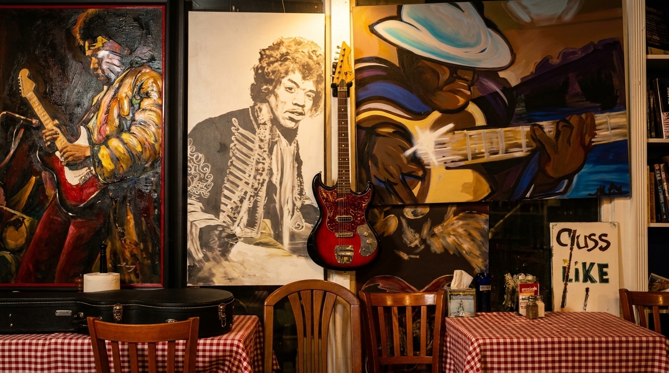 Restaurant interior with Jimi Hendrix paintings, a hanging guitar, and checkered tablecloths.