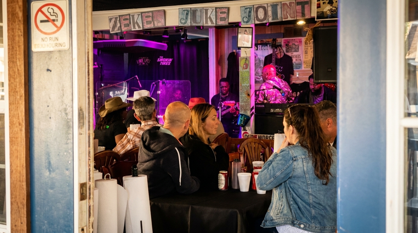 Patrons seated at tables, enjoying live music at Zeke's Juke Joint, with a "No Smoking" sign visible.