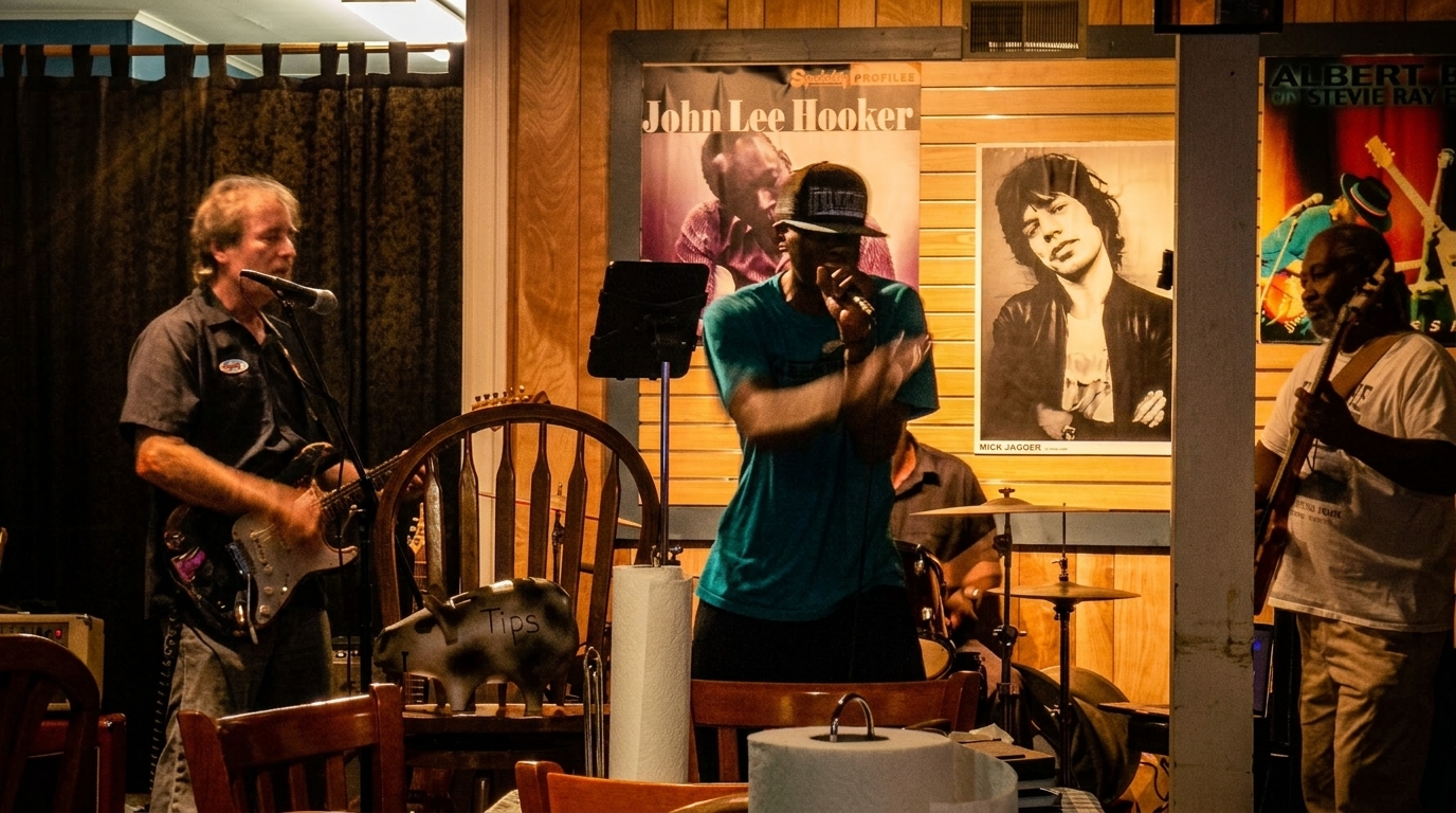 Three musicians performing live, with a guitarist, a singer, and a bassist on stage.