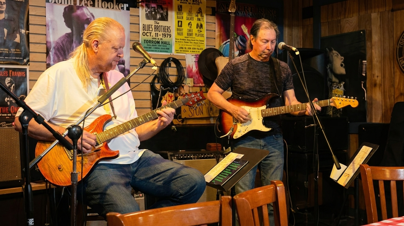 Two men playing electric guitars on stage with music posters in the background.