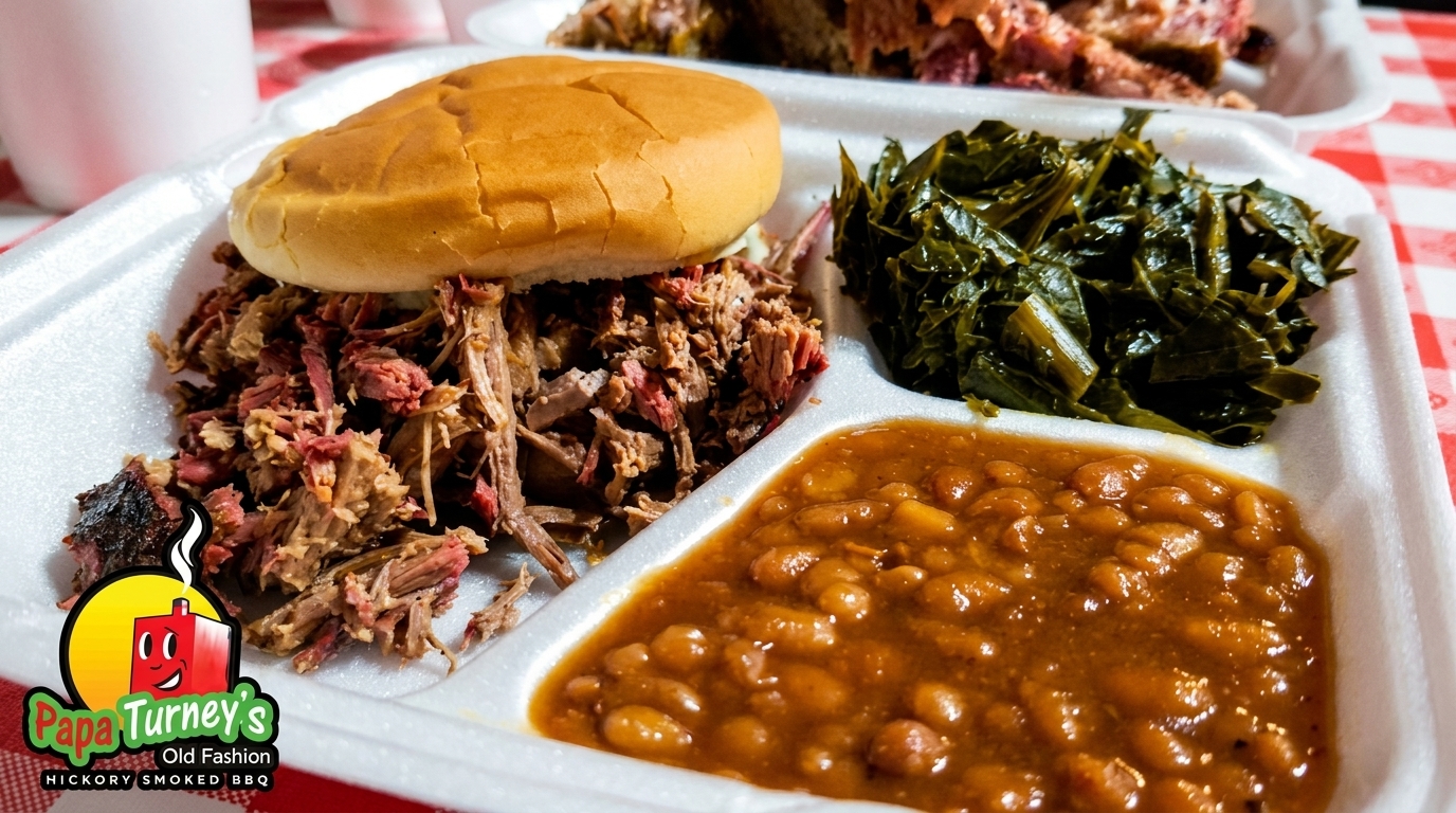 Papa Turney's BBQ pulled pork sandwich with baked beans and collard greens in a to-go container.