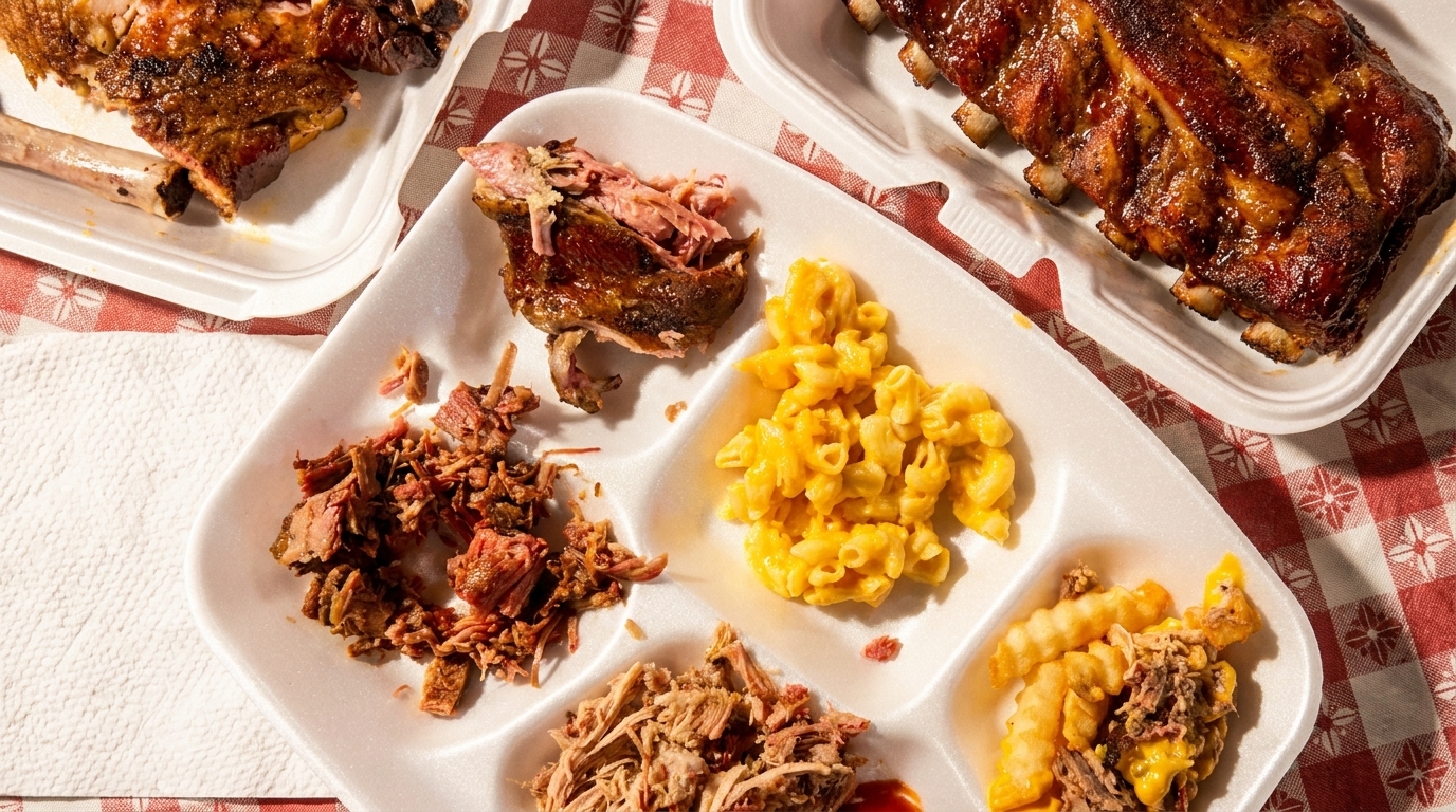 Barbecue platter with ribs, pulled pork, brisket, mac and cheese, and loaded fries on a red checkered tablecloth.