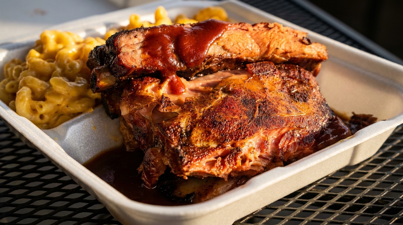 BBQ ribs with sauce and a side of macaroni and cheese in a takeout container.
