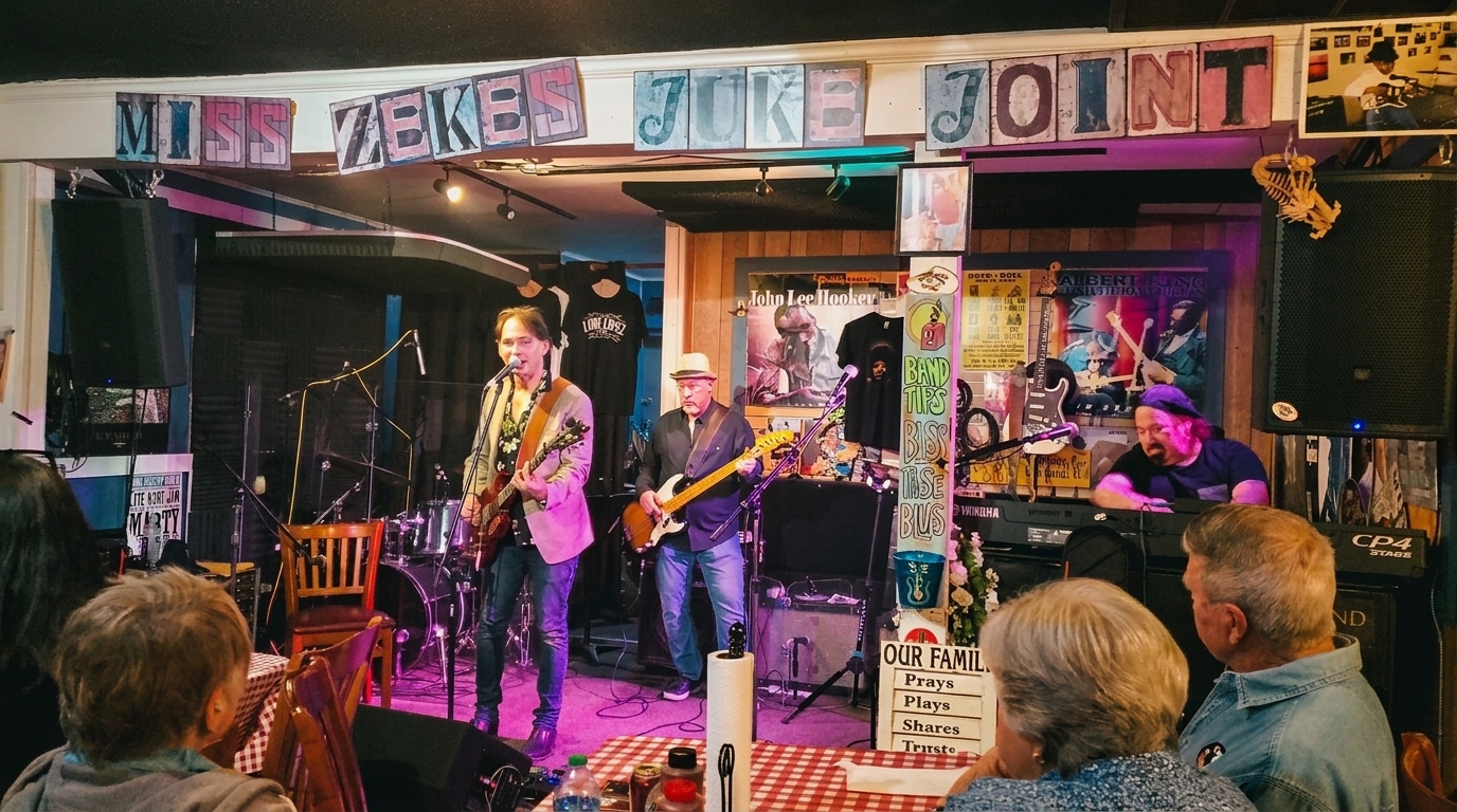 A band performs on stage at Miss Zeke's Juke Joint, with audience members seated at tables.