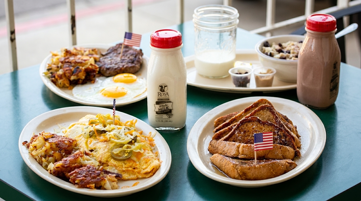 Plates of breakfast food, including eggs, hash browns, sausage, omelets, and French toast, with milk bottles.