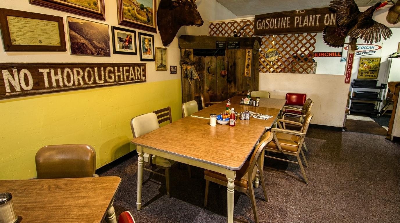 Rustic diner interior with wooden tables, chairs, and quirky wall decor including a "No Thoroughfare" sign.