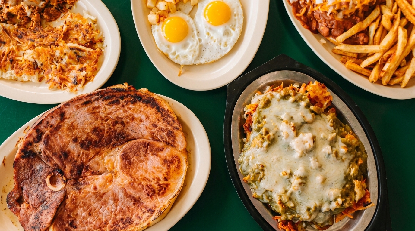 Overhead view of various breakfast plates including ham, hash browns, eggs, and chilaquiles.