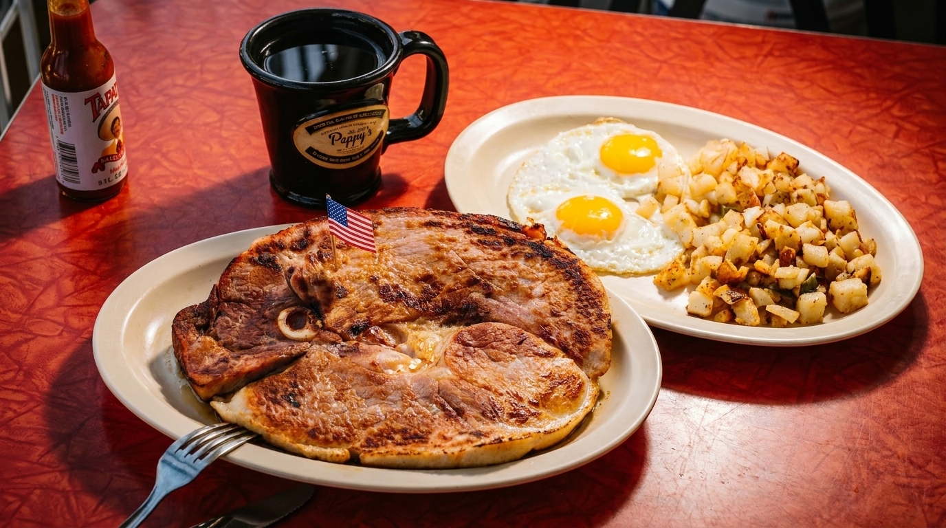 A diner breakfast with a large ham steak, two fried eggs, and crispy hash browns on a red table.