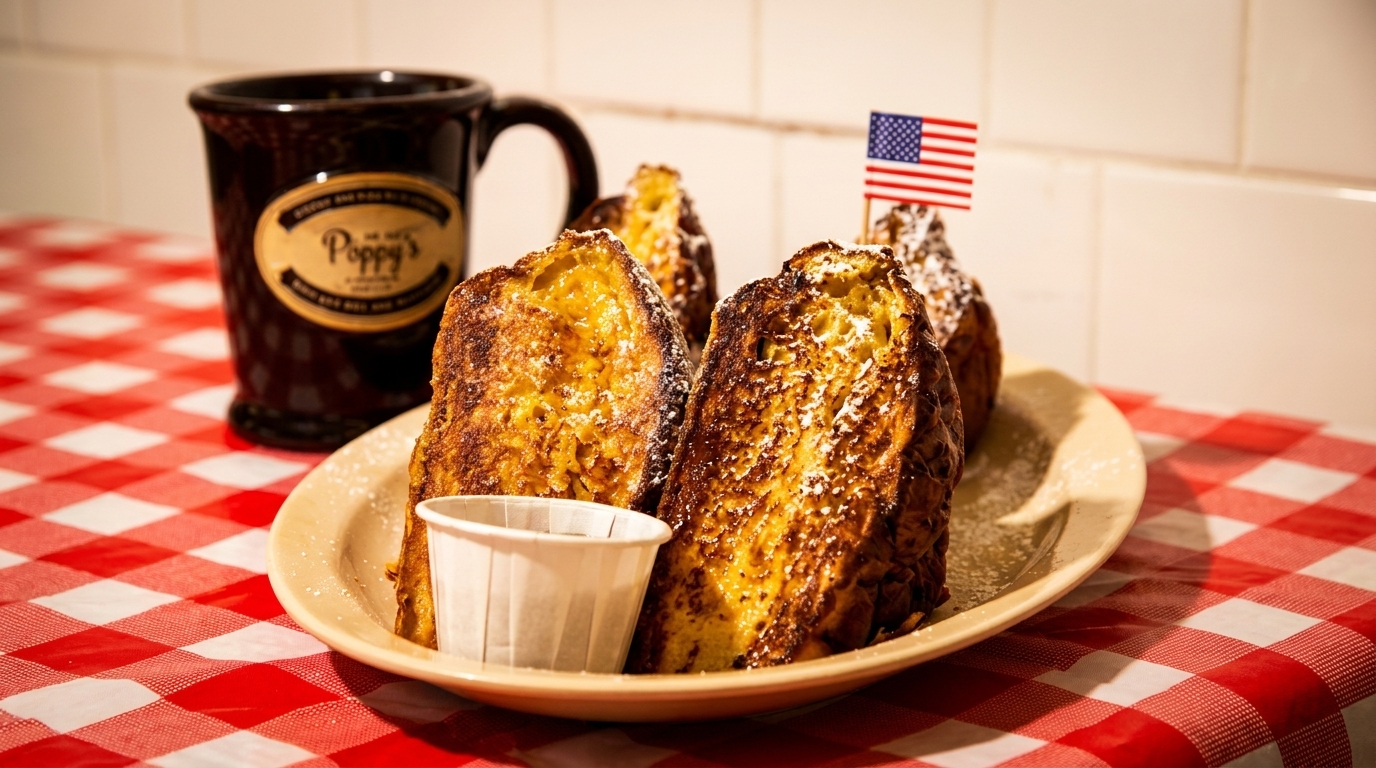 Thick-cut French toast with powdered sugar, a side of syrup, and a Poppy's Diner coffee mug.