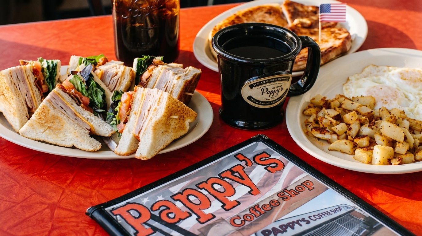 A table at Pappy's Coffee Shop with a club sandwich, coffee, and breakfast plate.