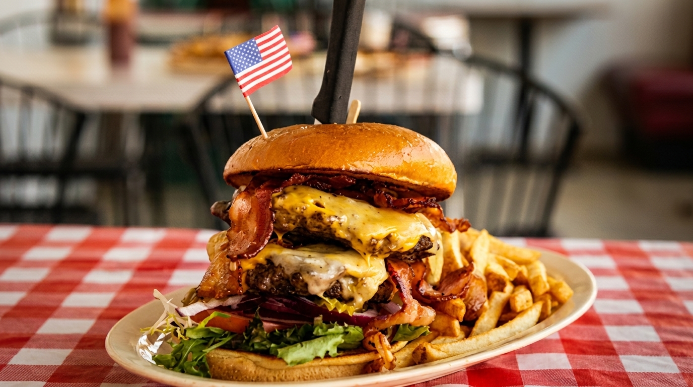 Massive double bacon cheeseburger with fries, topped with an American flag, on a red checkered tablecloth.