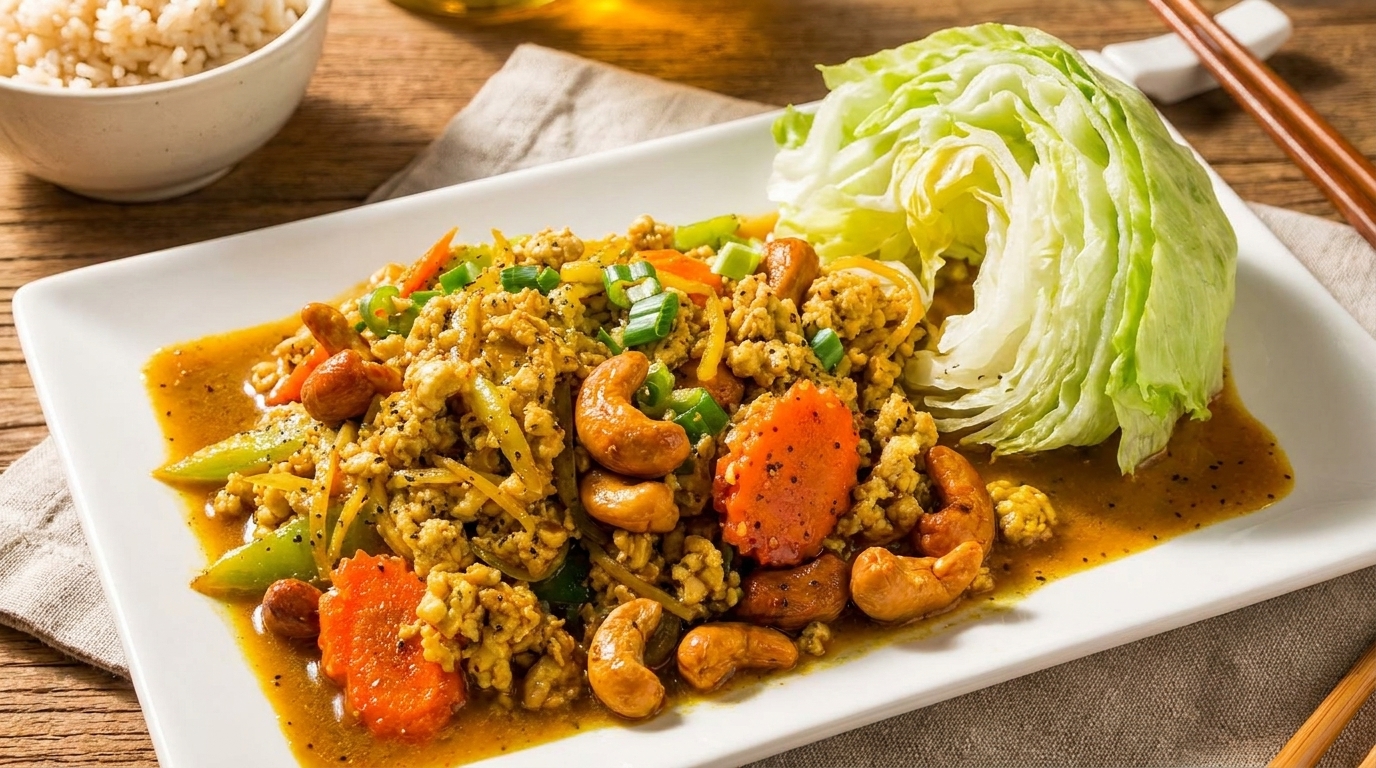 Curried ground chicken with cashews, carrots, and celery, served with lettuce and rice.