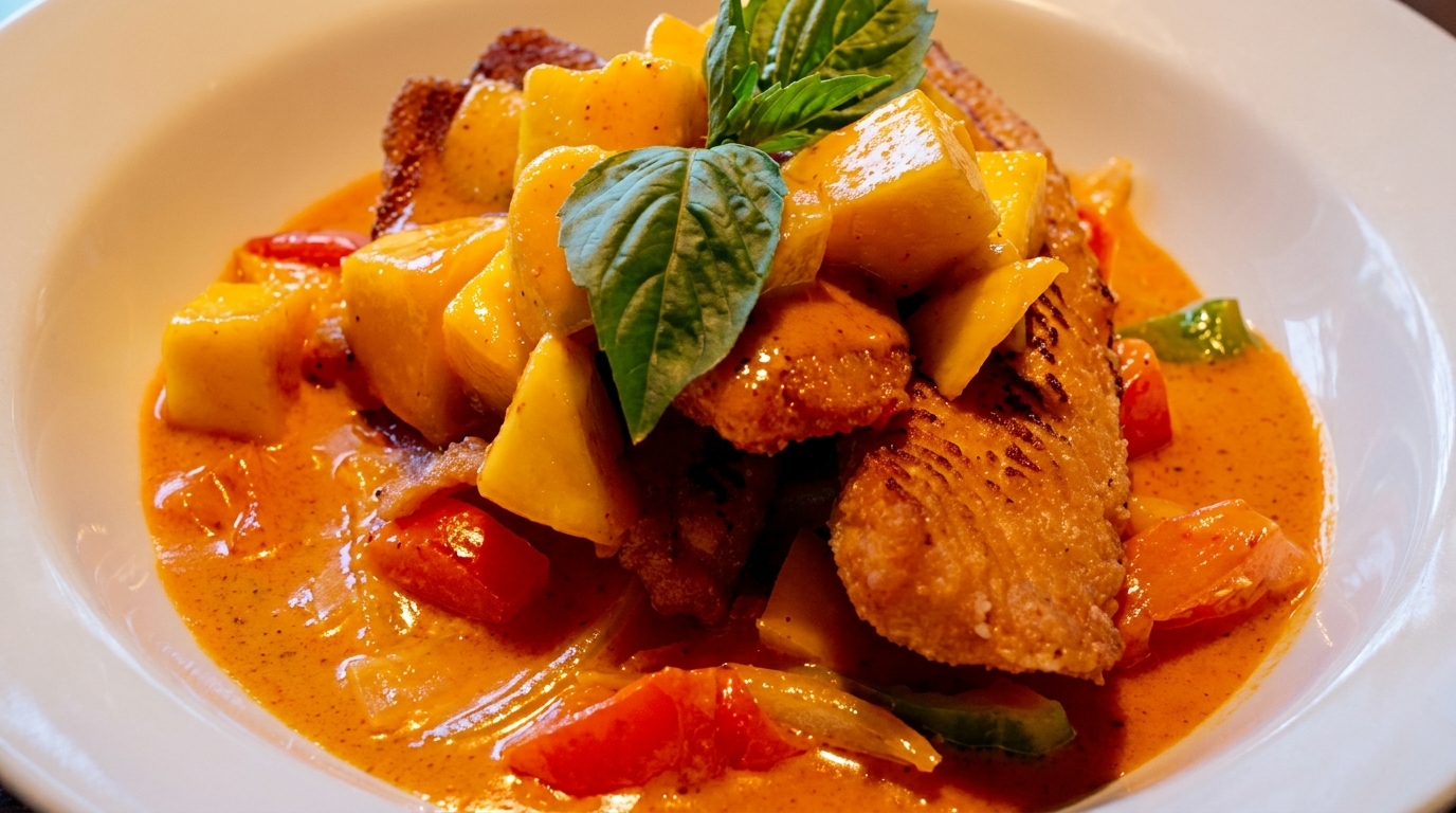 Crispy duck in red curry with mango, tomatoes, and basil in a white bowl.