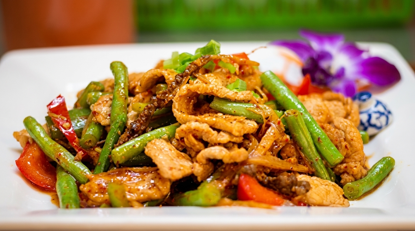 Spicy stir-fried pork with green beans, red bell peppers, and onions, garnished with a purple orchid.