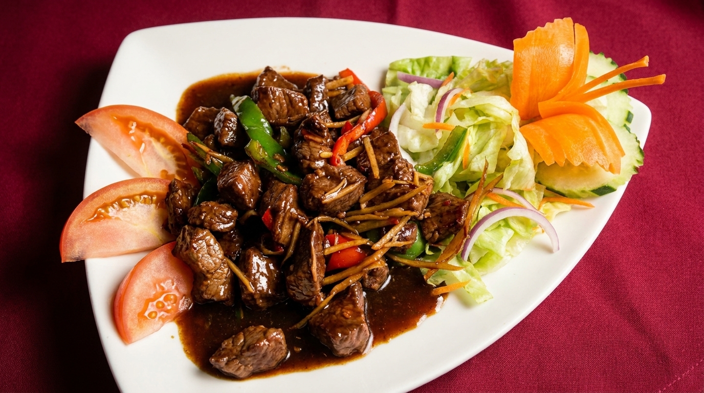 Savory beef stir-fry with bell peppers, ginger, and a side salad with carved carrot garnish.