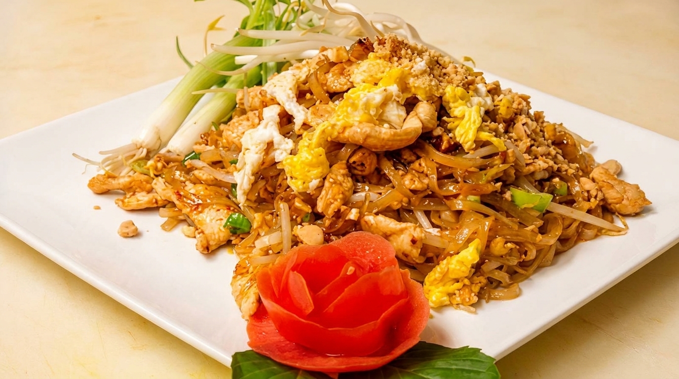 Chicken Pad Thai with noodles, scrambled egg, bean sprouts, green onions, and a tomato rose.