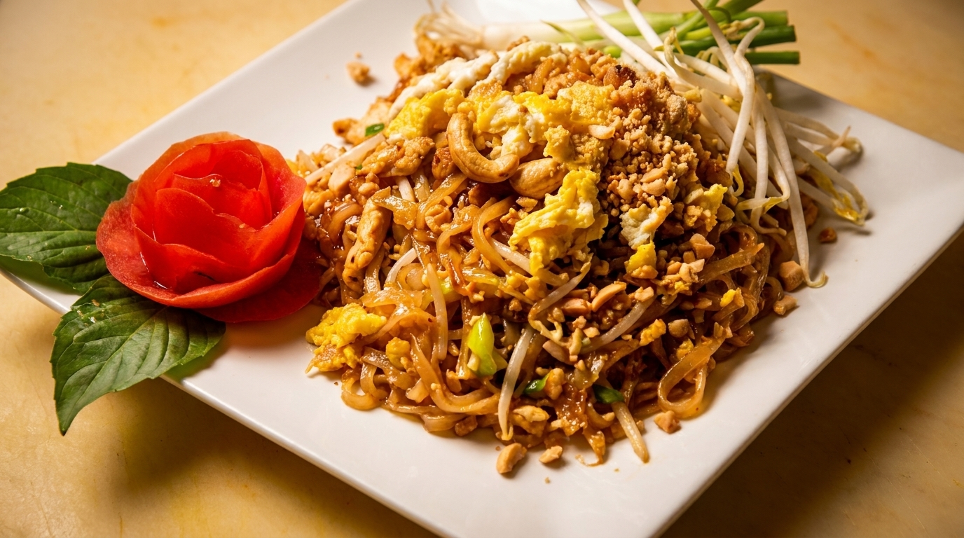 Pad Thai noodles with peanuts, scrambled egg, bean sprouts, and a carved tomato garnish.